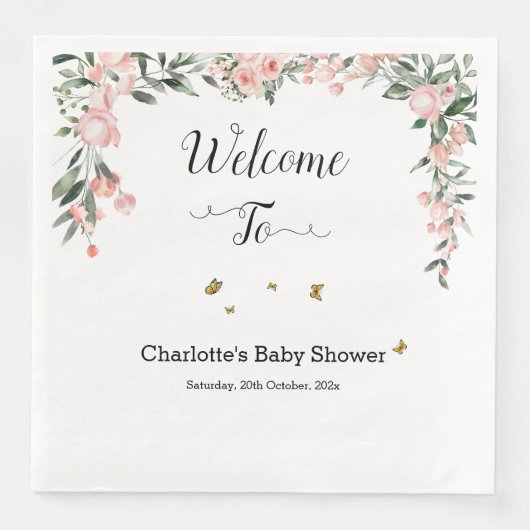 Aquarellrosa Rosen mit Schmetterlingen Kinderdusch Serviette (Vorderseite)