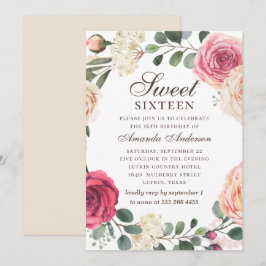 Aquarellrosa Rosen Sweet 16. Blumengarten Einladung