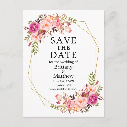 Aquarellrosa Rosenrahmen Save the Date Postkarte (Vorderseite)