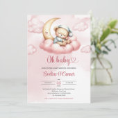 Aquarellrosa Teddybär, der über dem Mond schläft Einladung (Stehend Vorderseite)