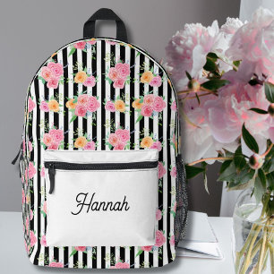 Aquarellrosen auf schwarzen und weißen Streifen Bedruckter Rucksack