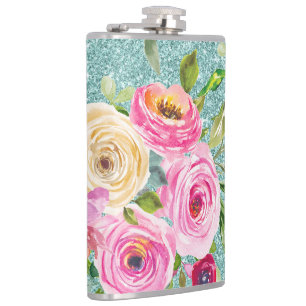 Aquarellrosen in Pink und Creme mit Aqua-Glitter Flachmann