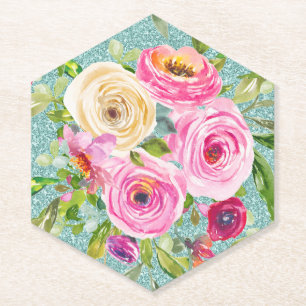Aquarellrosen in Pink und Creme mit Aquaglimmer Untersetzer