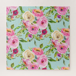 Aquarellrosen in Rosa und Creme auf Aqua Puzzle