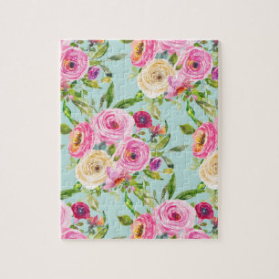 Aquarellrosen in Rosa und Creme auf Aqua Puzzle