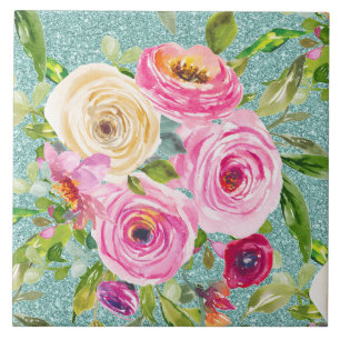 Aquarellrosen in Rosa und Creme auf Aquaglimmer Fliese