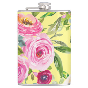 Aquarellrosen in Rosa und Creme auf Gelb Flachmann