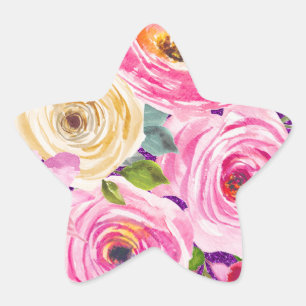 Aquarellrosen in Rosa und Creme auf Lila Glitter Stern-Aufkleber