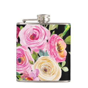 Aquarellrosen in Rosa und Creme auf Schwarz Flachmann