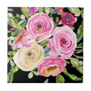 Aquarellrosen in Rosa und Creme auf Schwarz Fliese