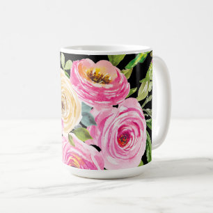 Aquarellrosen in Rosa und Creme auf Schwarz Kaffeetasse