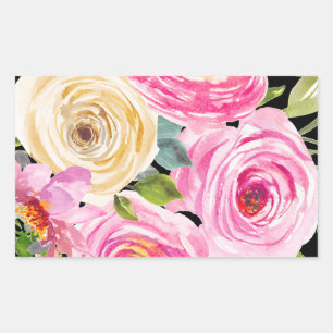 Aquarellrosen in Rosa und Creme auf Schwarz Rechteckiger Aufkleber