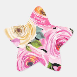 Aquarellrosen in Rosa und Creme auf Schwarz Stern-Aufkleber