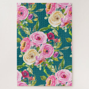 Aquarellrosen in Rosa und Creme auf Türkis Puzzle