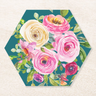 Aquarellrosen in Rosa und Creme auf Türkis Untersetzer