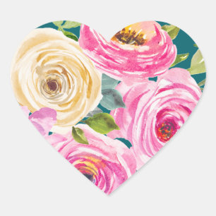 Aquarellrosen in Rosa und Creme in Teal Herz-Aufkleber