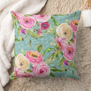 Aquarellrosen in Rosa und Creme mit Aquaglimmer Kissen