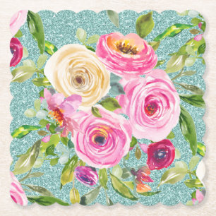 Aquarellrosen in Rosa und Creme mit Aquaglimmer Untersetzer