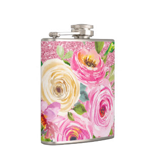 Aquarellrosen in Rosa und Creme mit rosa Glitter Flachmann