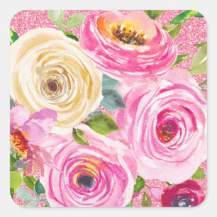 Aquarellrosen in Rosa und Creme mit rosa Glitter Quadratischer Aufkleber