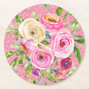 Aquarellrosen in Rosa und Creme mit rosa Glitter Runder Pappuntersetzer