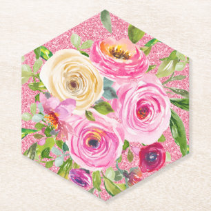 Aquarellrosen in Rosa und Creme mit rosa Glitter Untersetzer