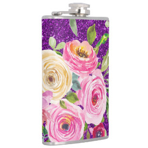Aquarellrosen in Rosa und Creme mit violettem Glit Flachmann