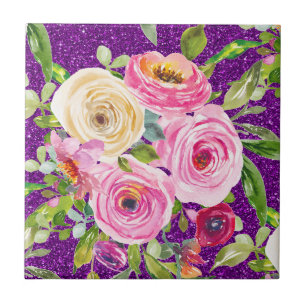 Aquarellrosen in Rosa und Creme mit violettem Glit Fliese