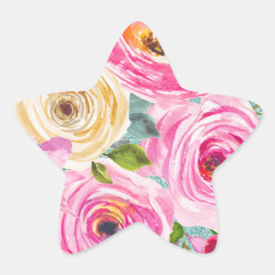 Aquarellrosen in rosa und cremefarbenem Aquaglimme Stern-Aufkleber