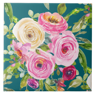 Aquarellrosen in Rosa und Rot auf Türkis Fliese