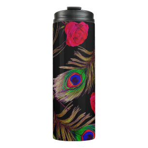 Aquarellrosen, Pfauenfedern, dekorativ. Thermosbecher