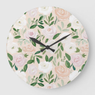 Aquarellrosen und botanisches Grün in Rosa Große Wanduhr