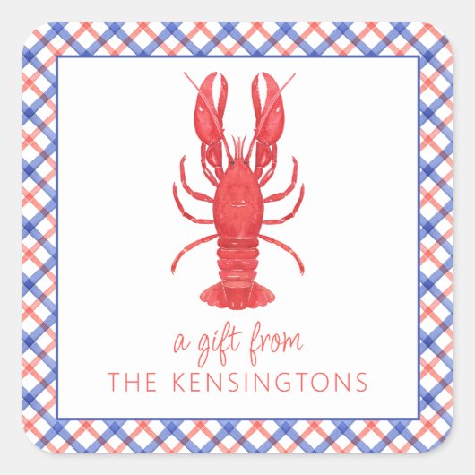 Aquarellrot & Karierter Hummergeschenk Quadratischer Aufkleber (Vorderseite)