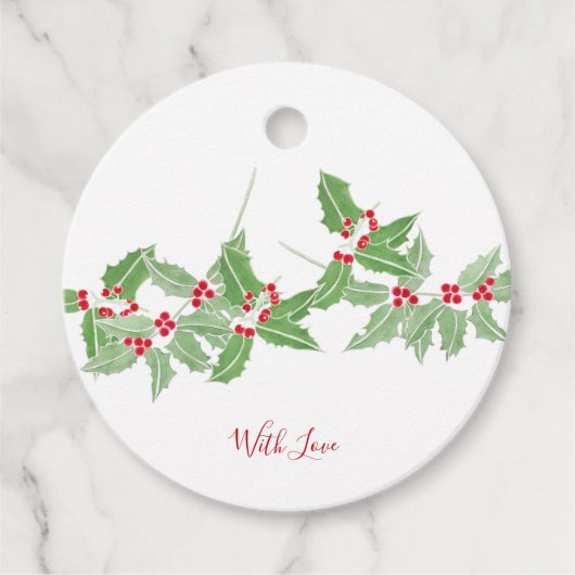 Aquarellrot und grüner Holly Bough Geschenkanhänger (Vorderseite)