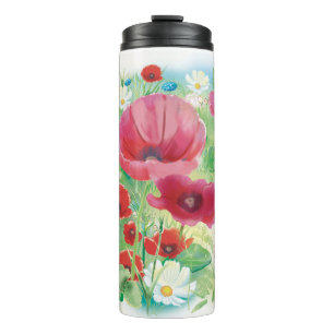 Aquarellrote Mohn und gelbe Blumen Thermosbecher