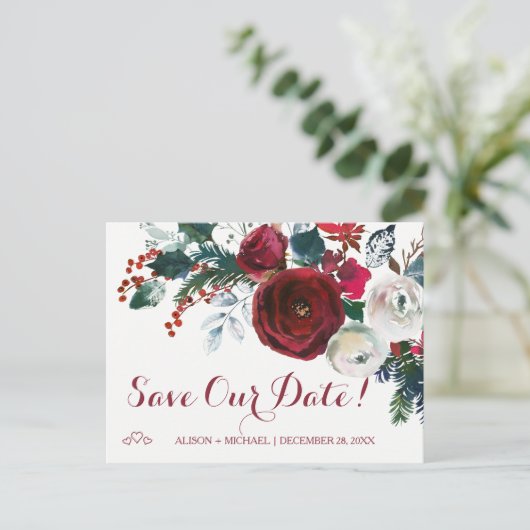 Aquarellrote Pfingsteine Winterhochzeit rett Datum Ankündigungspostkarte (Stehend Vorderseite)