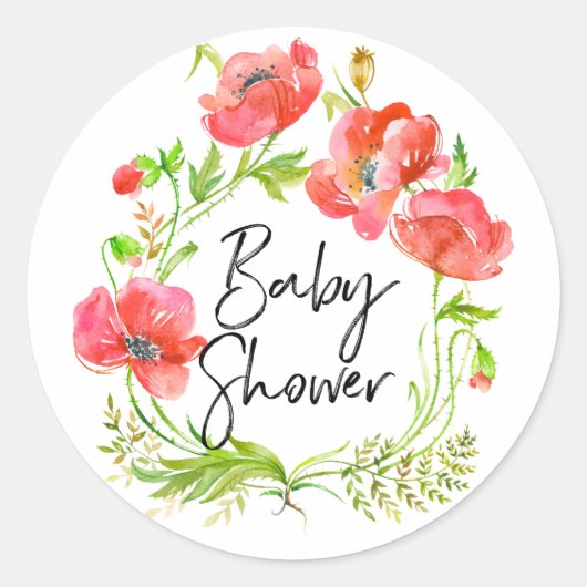 Aquarellrote Poppies Wreath Baby Shower Runder Aufkleber (Vorderseite)