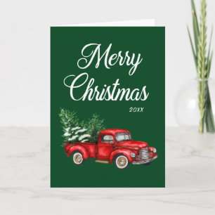 Aquarellroter LKW Frohe Weihnachtsfeiertag Grün Karte