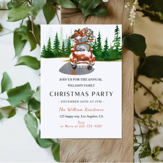 Aquarellroter Wagen & Geschenke Weihnachten Party Einladung