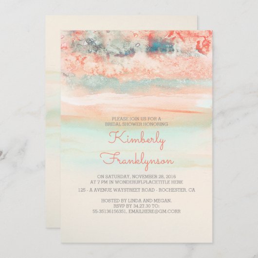 Aquarells Beach Brautparty Pink Blue Einladung (Vorne/Hinten)