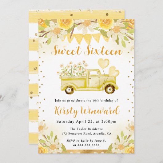 Aquarellsäcke Lkw und Blume 16 . Geburtstag Einladung (Vorne/Hinten)