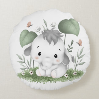 Aquarellsafari Elefant im Babydesign Rundes Kissen