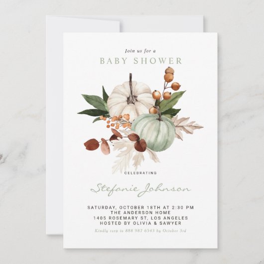 Aquarellsäge Grüne Pumpkins Fall Babydusche Einladung (Vorderseite)