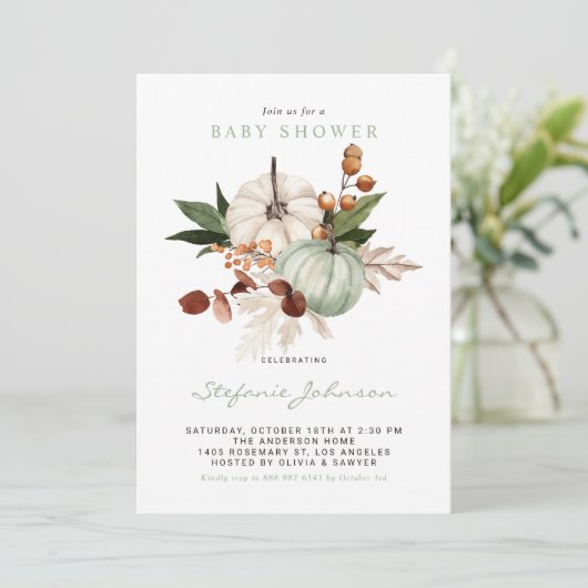 Aquarellsäge Grüne Pumpkins Fall Babydusche Einladung (Stehend Vorderseite)