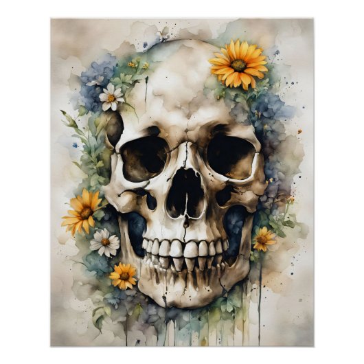 Aquarellschädel mit Wildblumen Poster (Vorderseite)