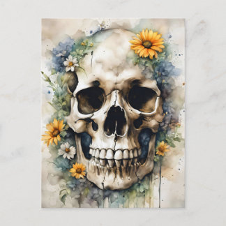 Aquarellschädel mit Wildblumen Postkarte