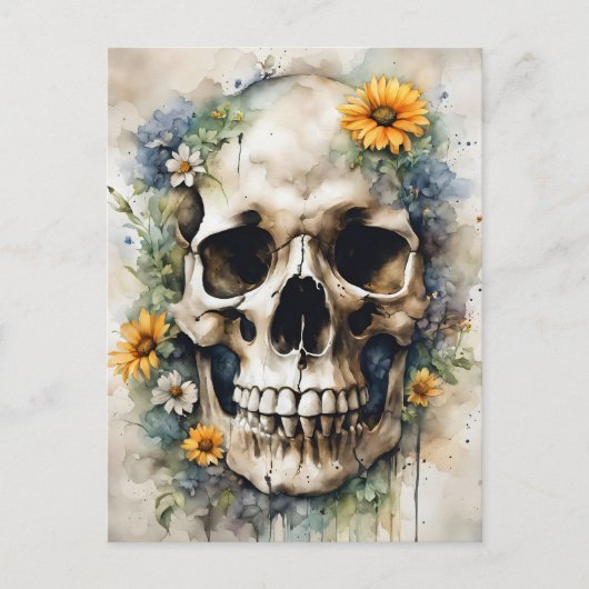 Aquarellschädel mit Wildblumen Postkarte (Vorderseite)