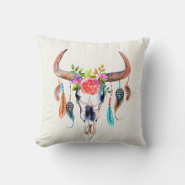 Aquarellschädel und Indianerzeichen Kissen