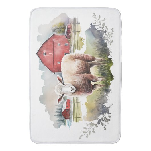 Aquarellschaf mit rotem Stall Badematte (Vorderseite Vertikal)