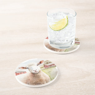 Aquarellschaf mit rotem Stall Getränkeuntersetzer